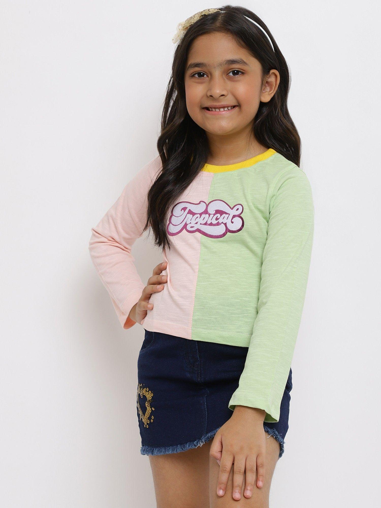 girls pink & green cotton color block printed t-shirt