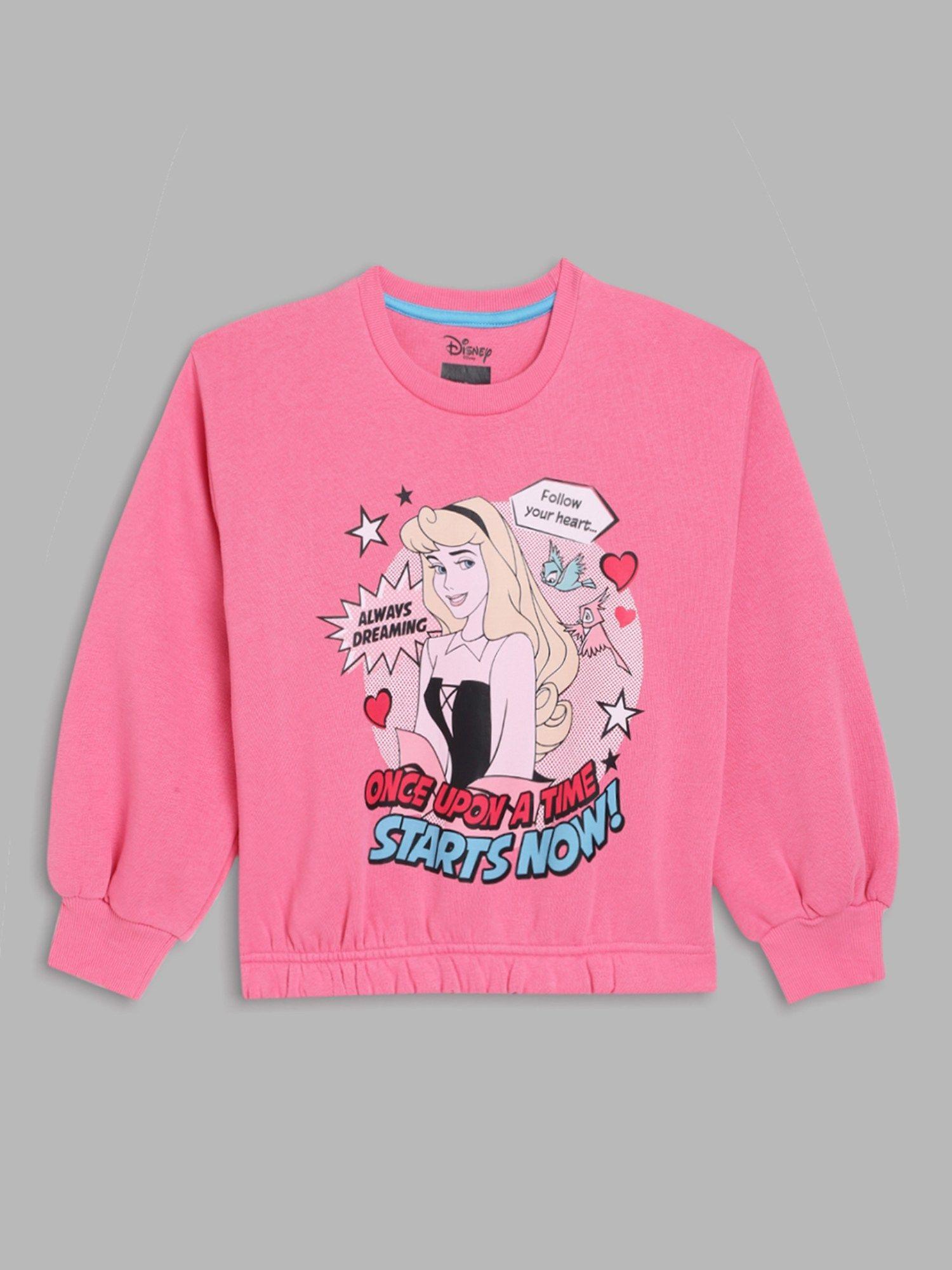 girls pink cartoon graphic round neck full sleeves sweatshirt