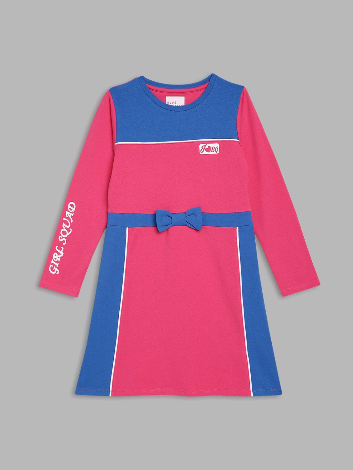 girls pink colorblocked round neck full sleeves a-line dress