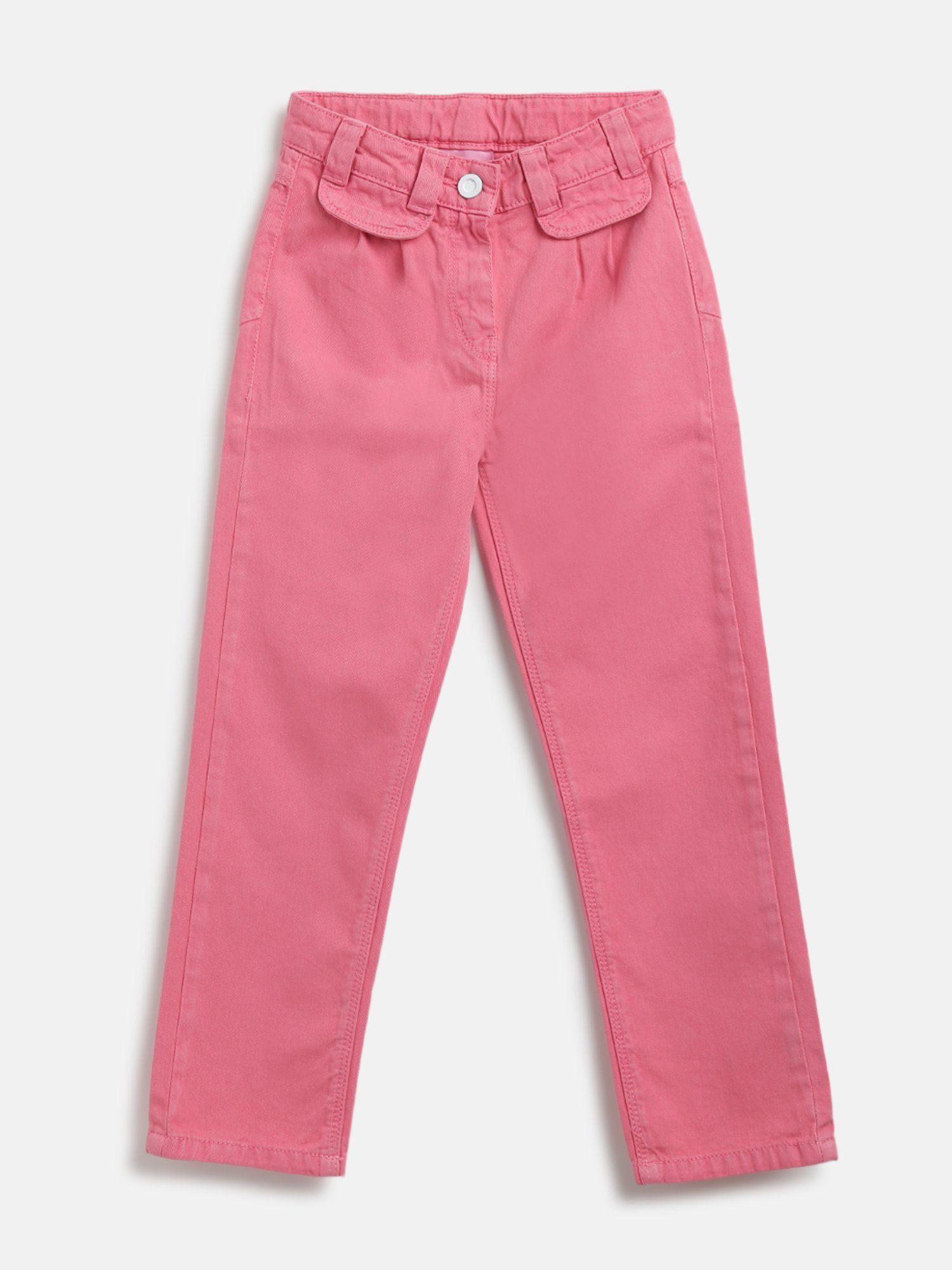 girls pink cotton blend slim fit washed jeans