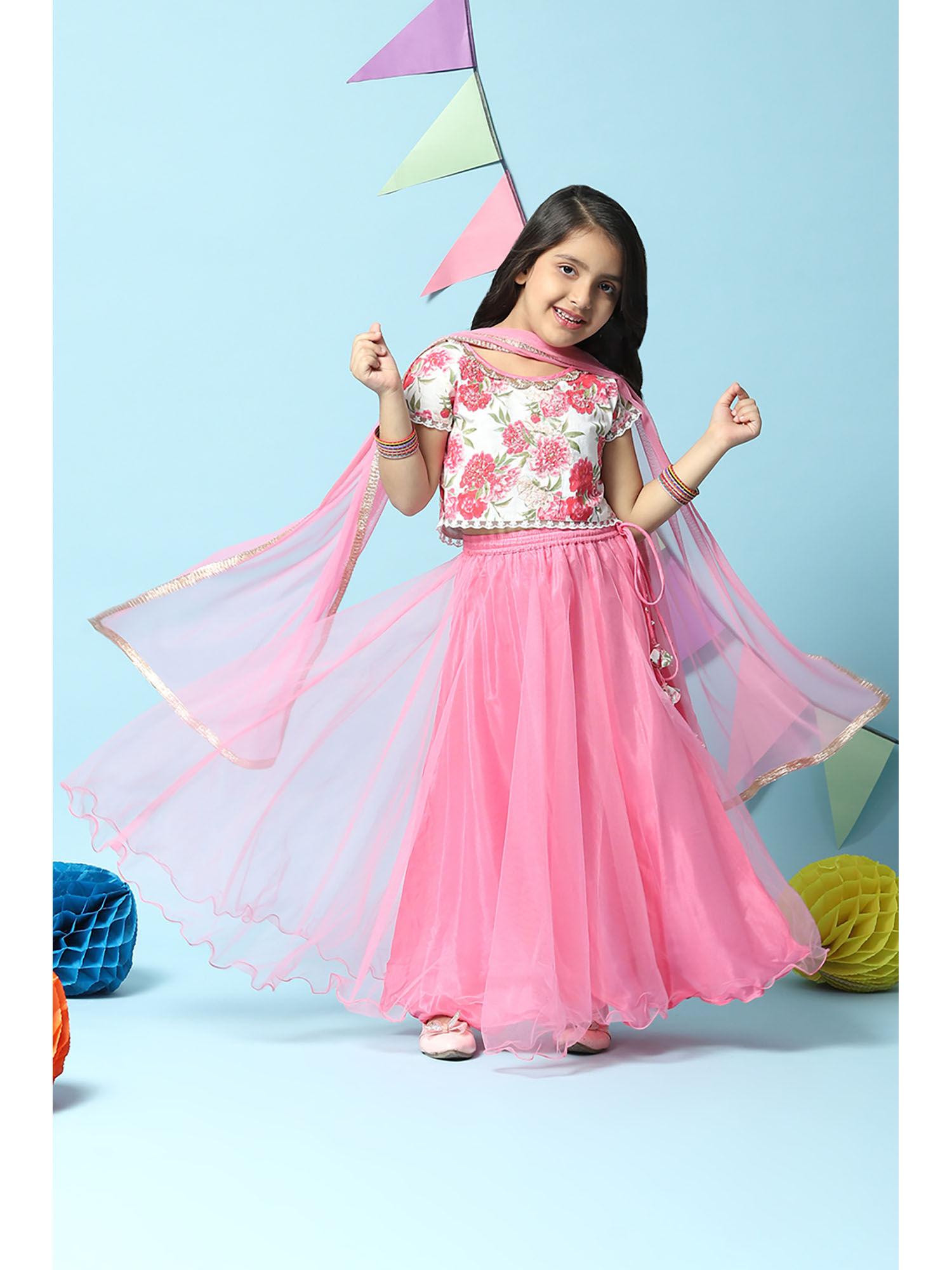 girls pink cotton lehenga (set of 3)