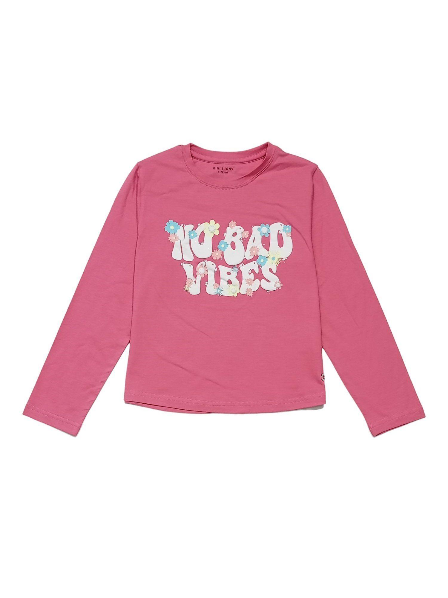 girls pink cotton printed full sleeves knits top