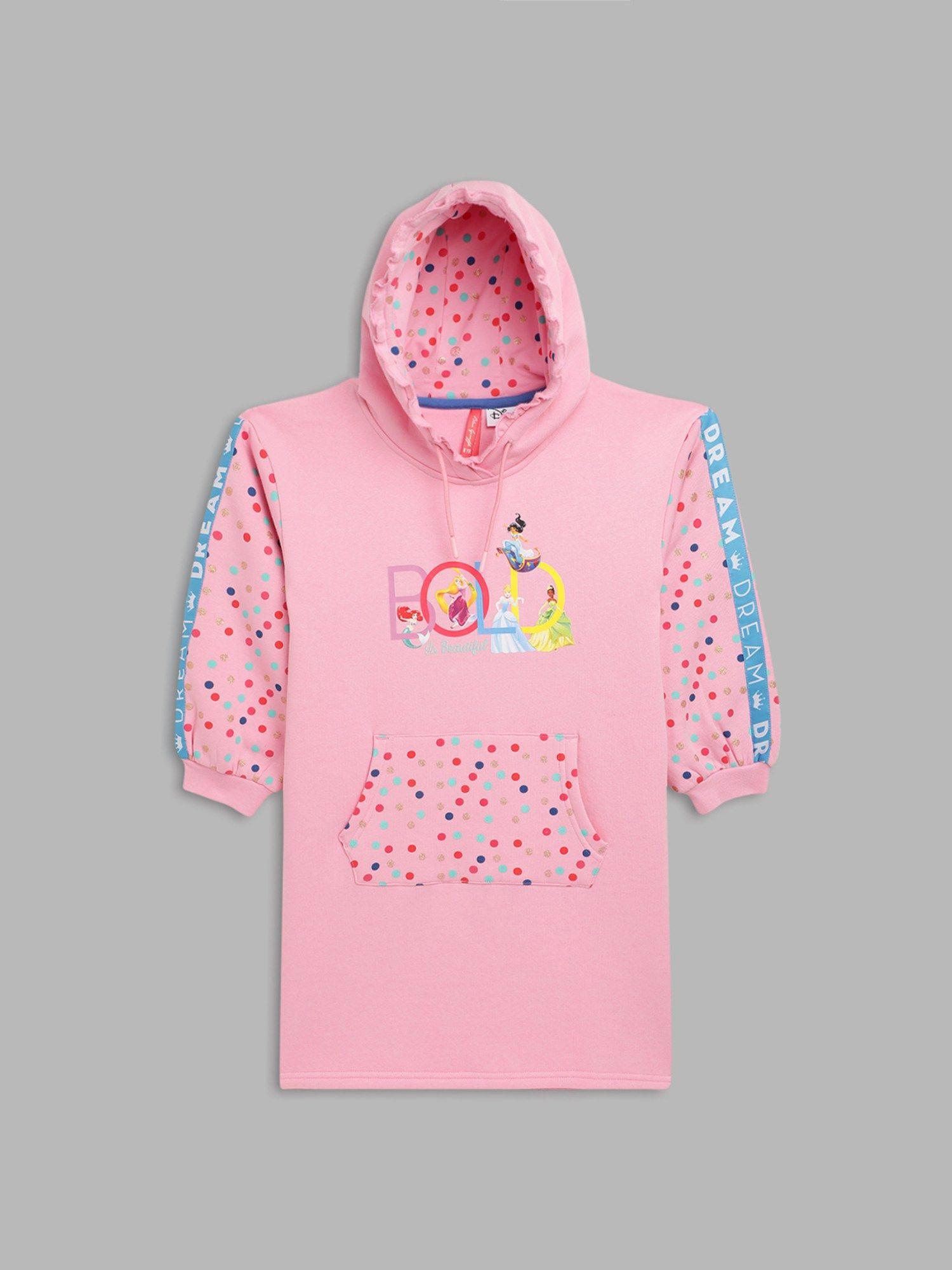 girls pink cotton printed hooded sweat dress