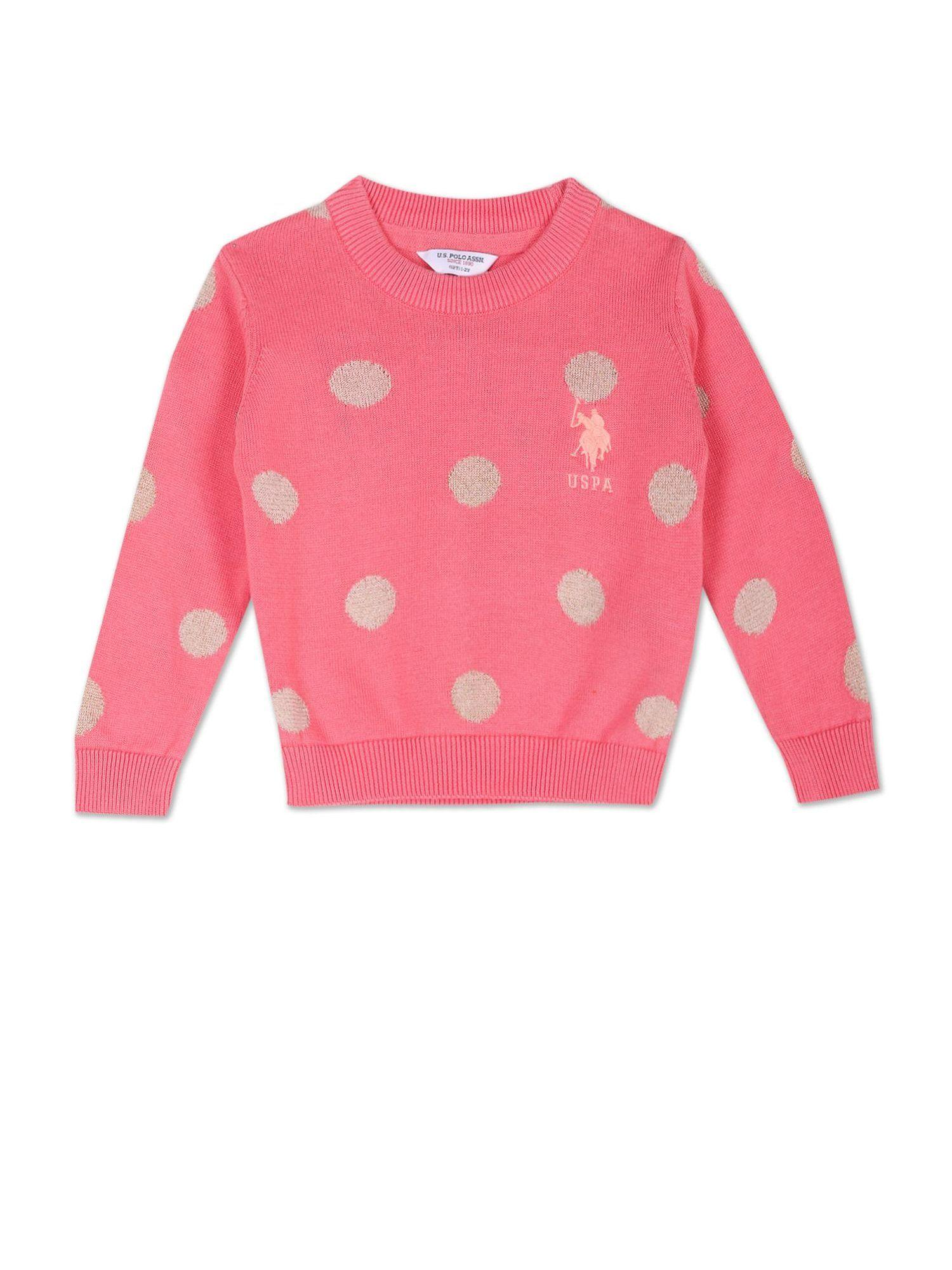 girls pink crew neck polka dot sweater