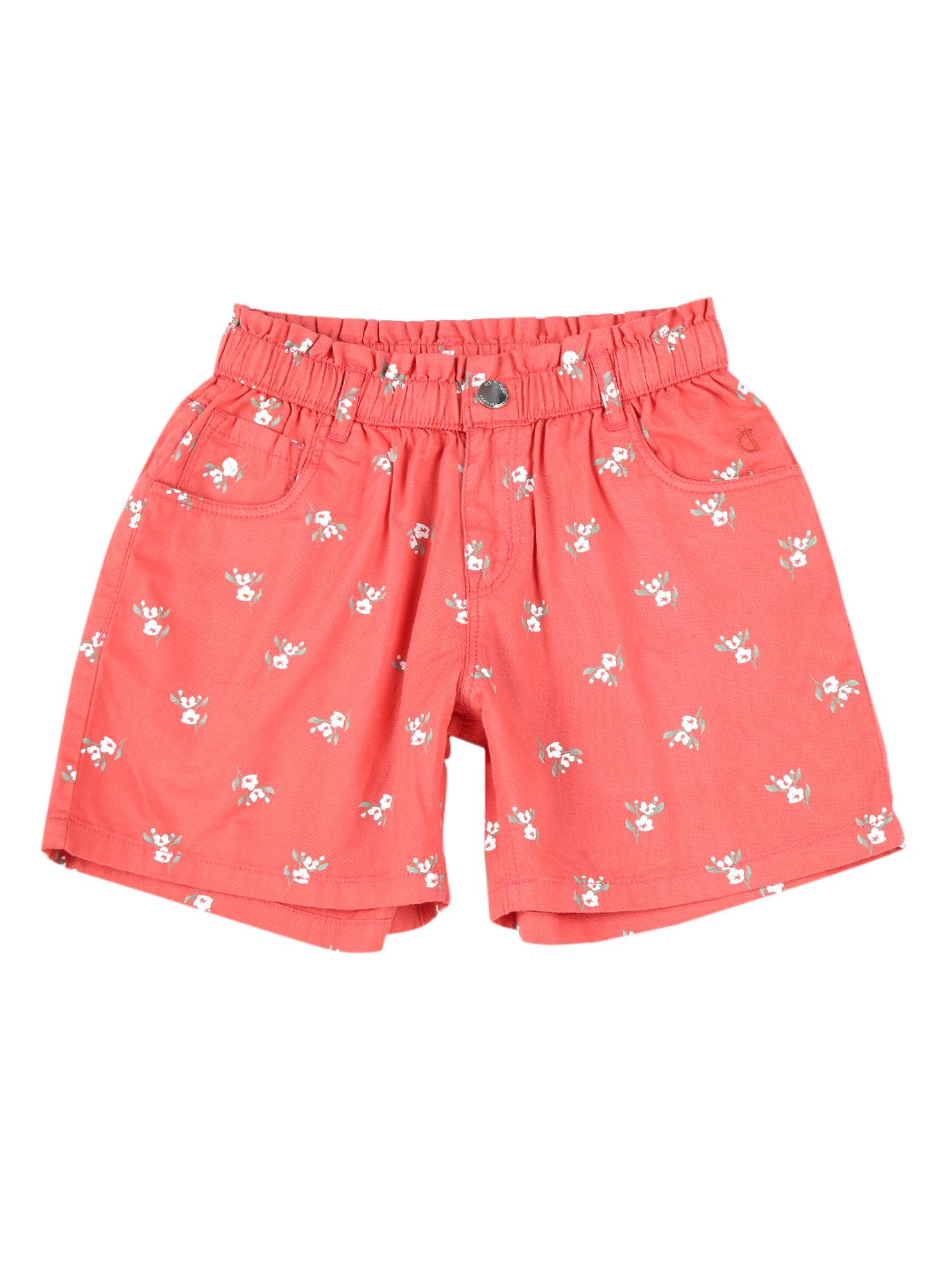 girls pink denim floral print elasticated shorts