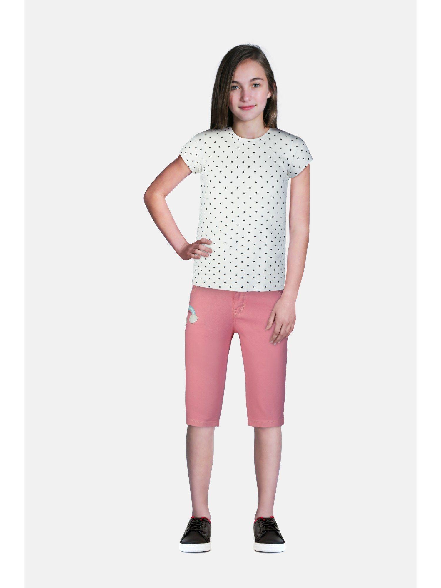 girls pink denim printed fixed waist capri