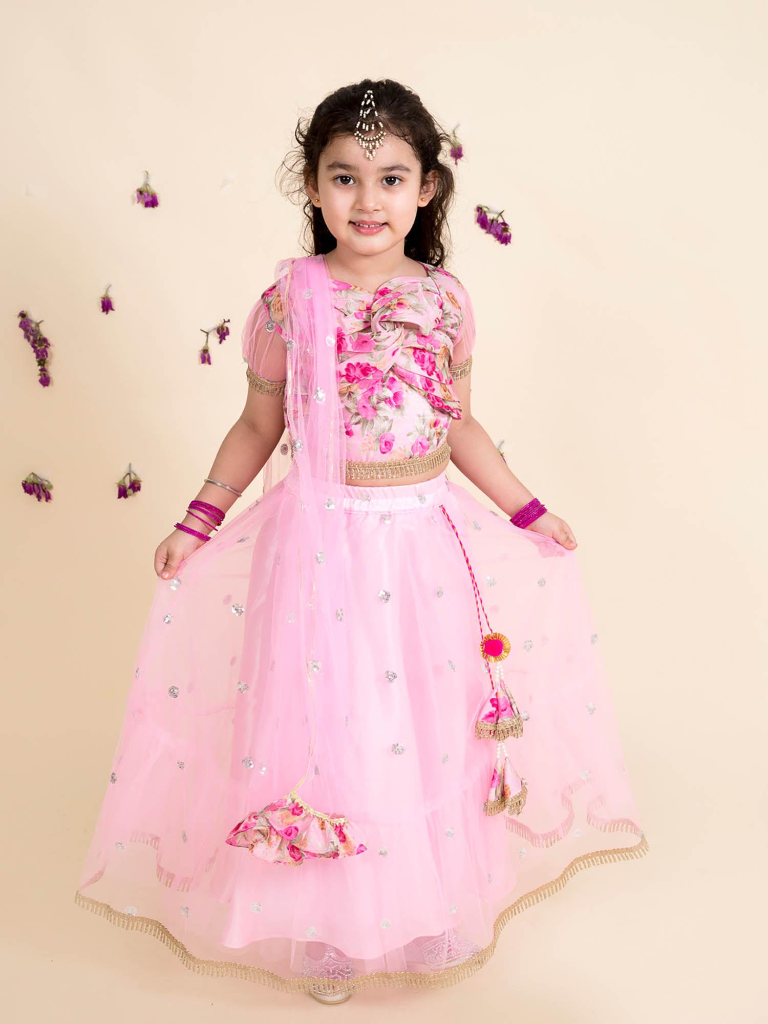 girls pink embellished ready to wear lehenga with choli & dupatta (set of 3)