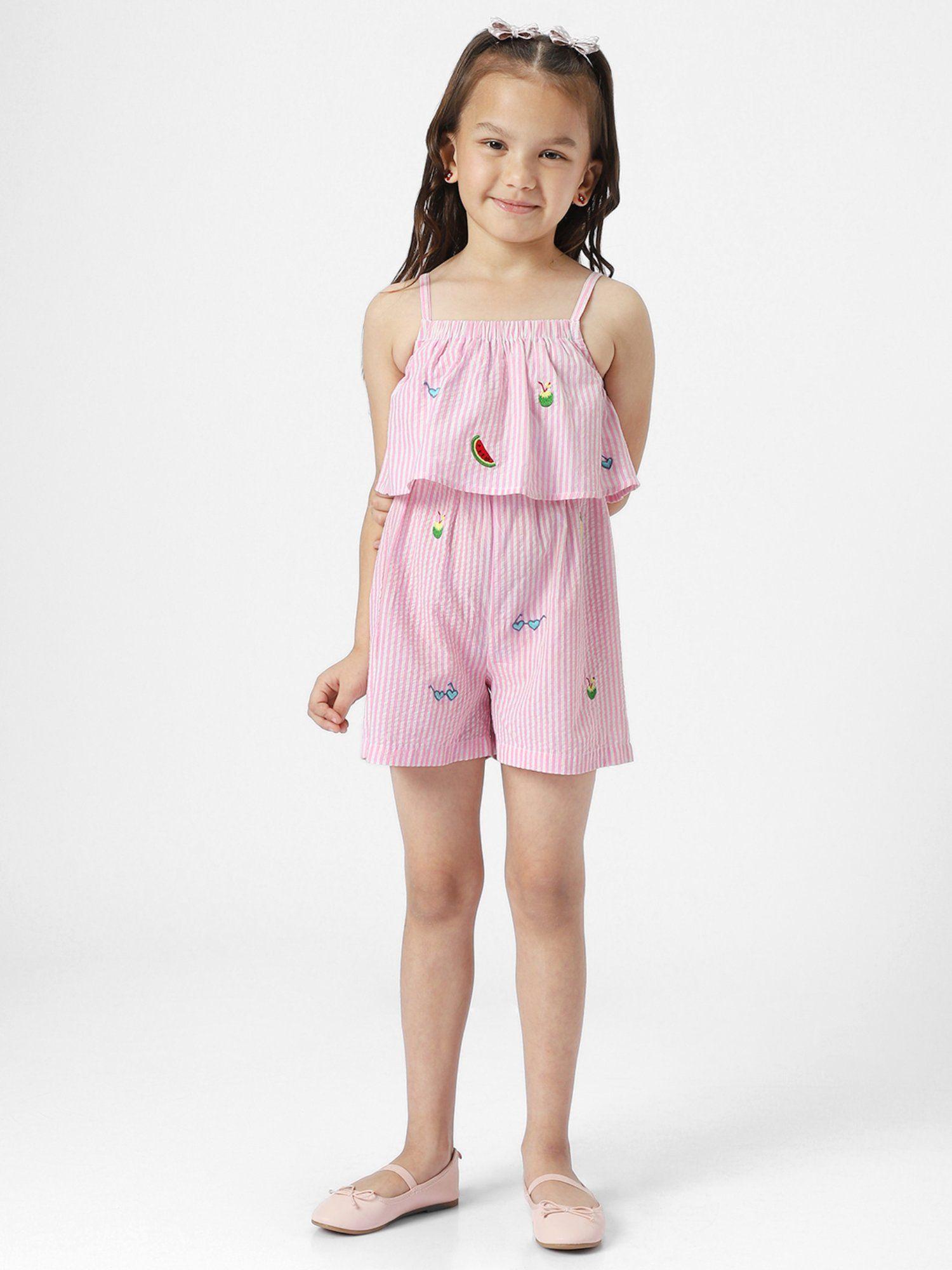 girls pink embroidery shoulder strap elasticated waist casual playsuit