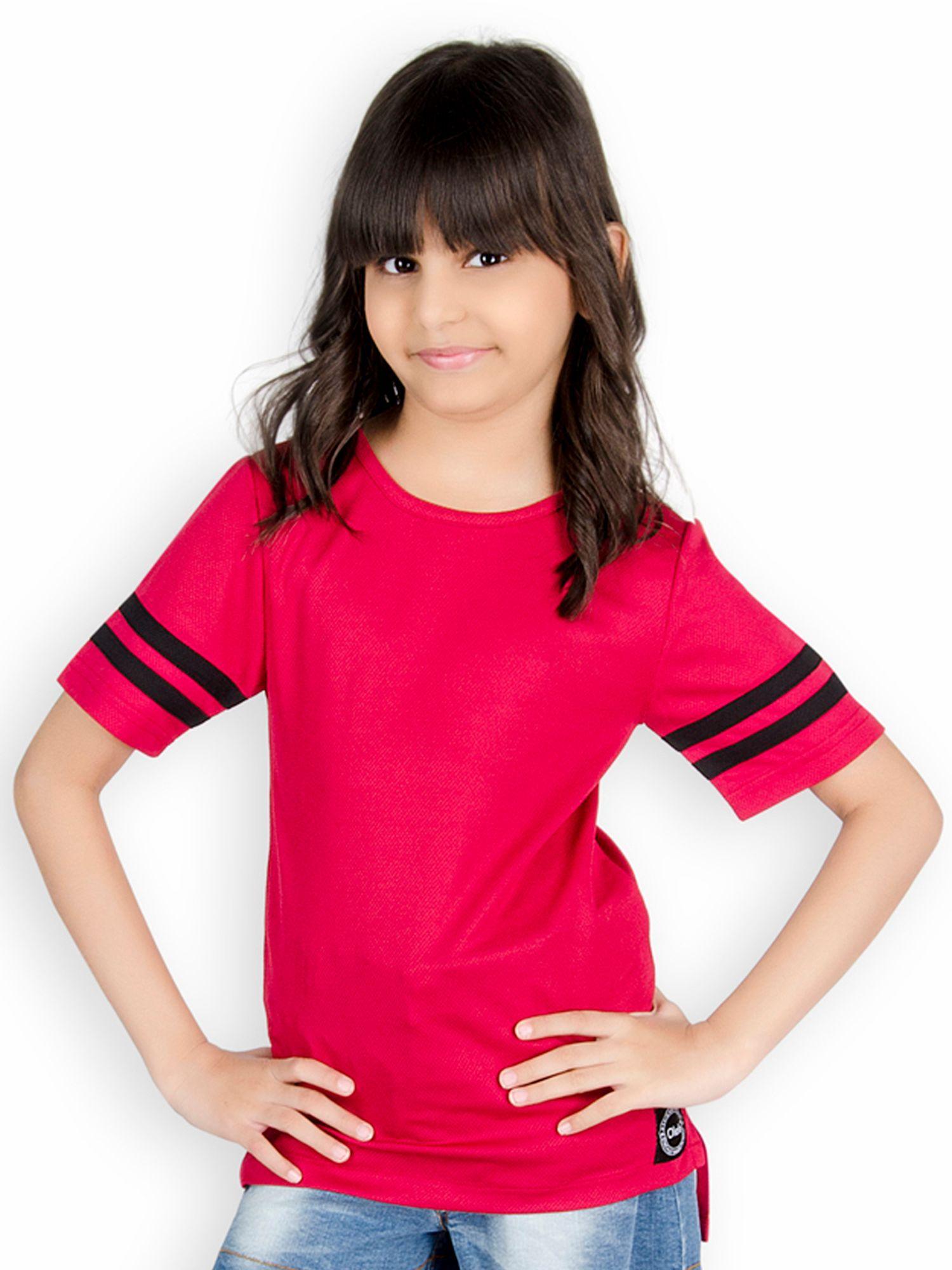 girls pink high low tee with contrast stripe on sleeve