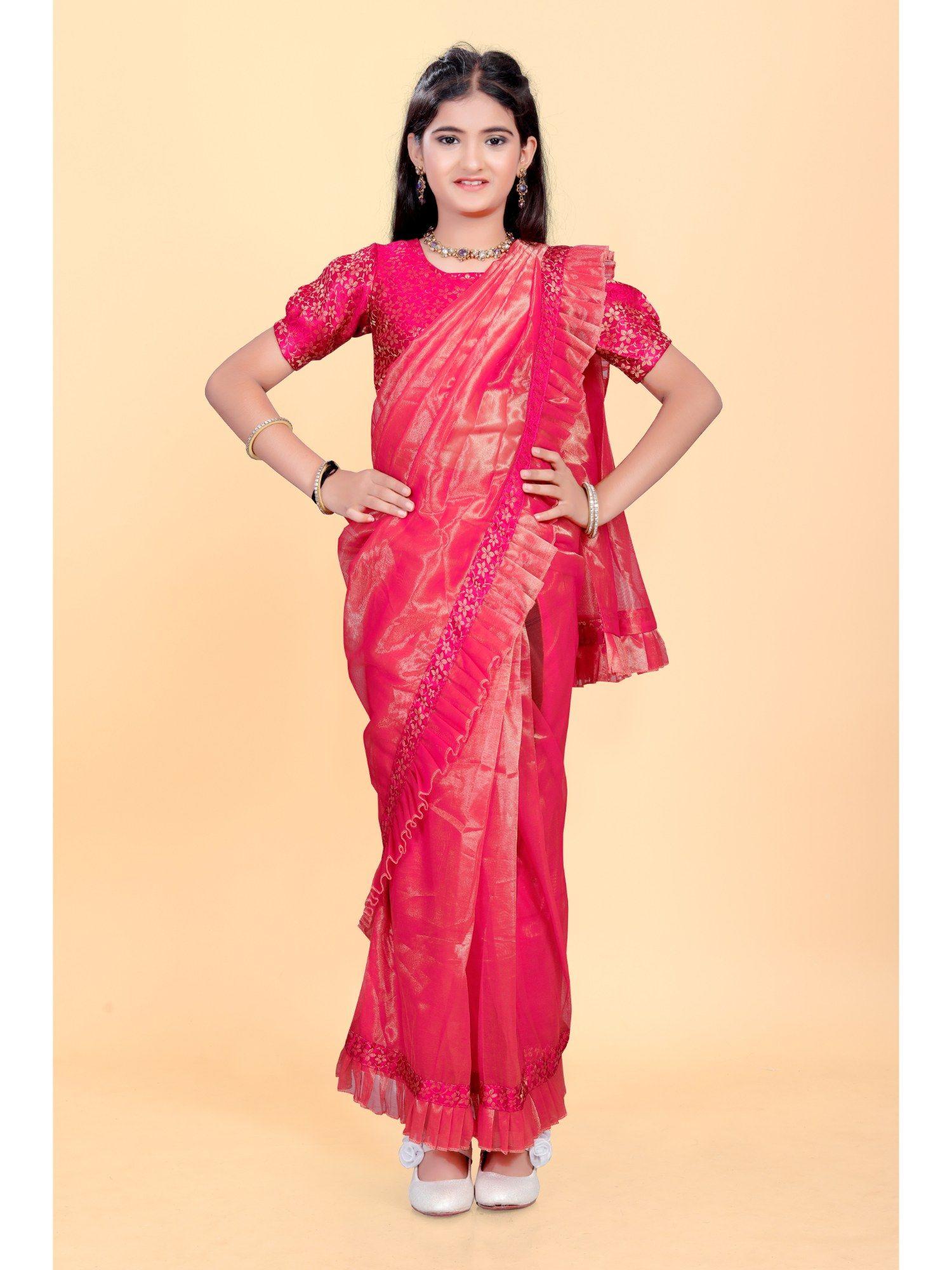 girls pink net fabric pre-stitched saree with jacquard unstitched blouse