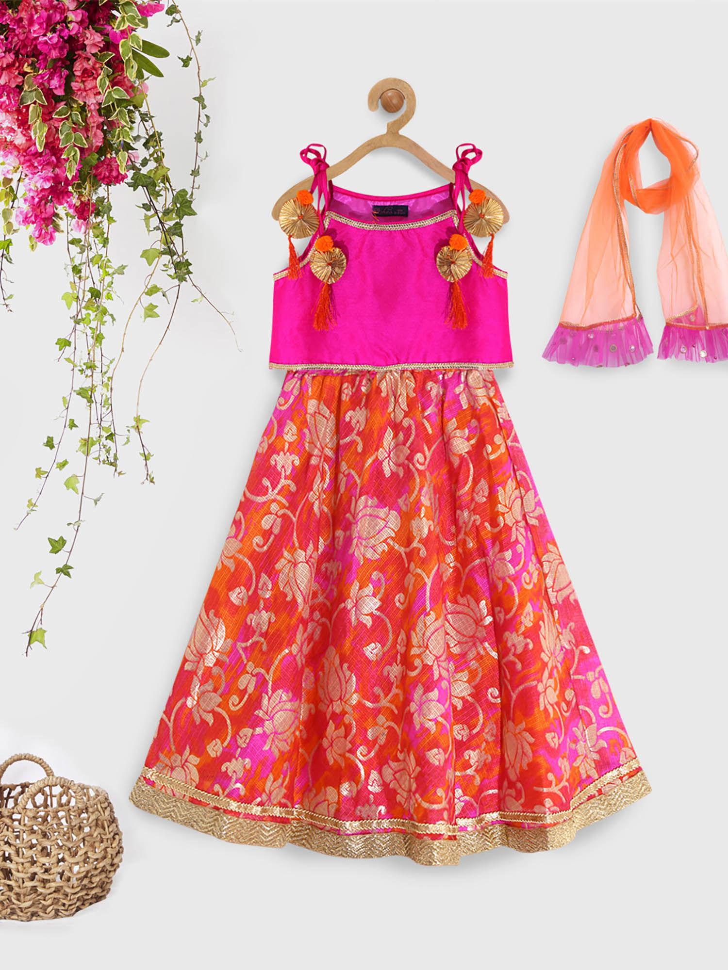 girls pink printed ready to wear lehenga with blouse & dupatta (set of 3)