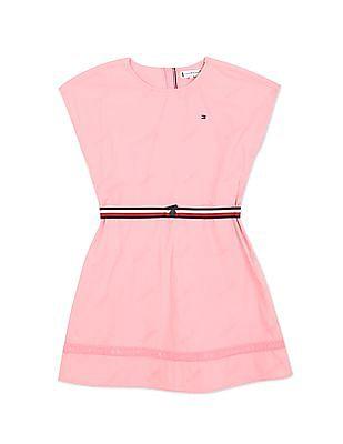 girls pink round neck embroidered logo dress