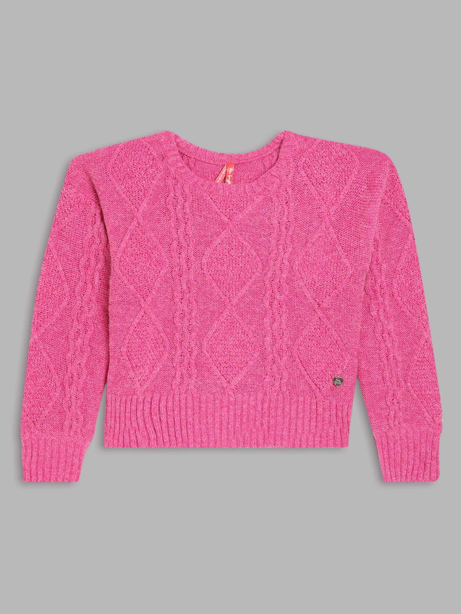 girls pink self-design round neck full sleeves sweater