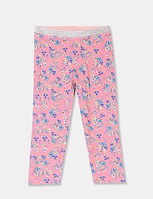 girls pink shimmery waistband floral print leggings