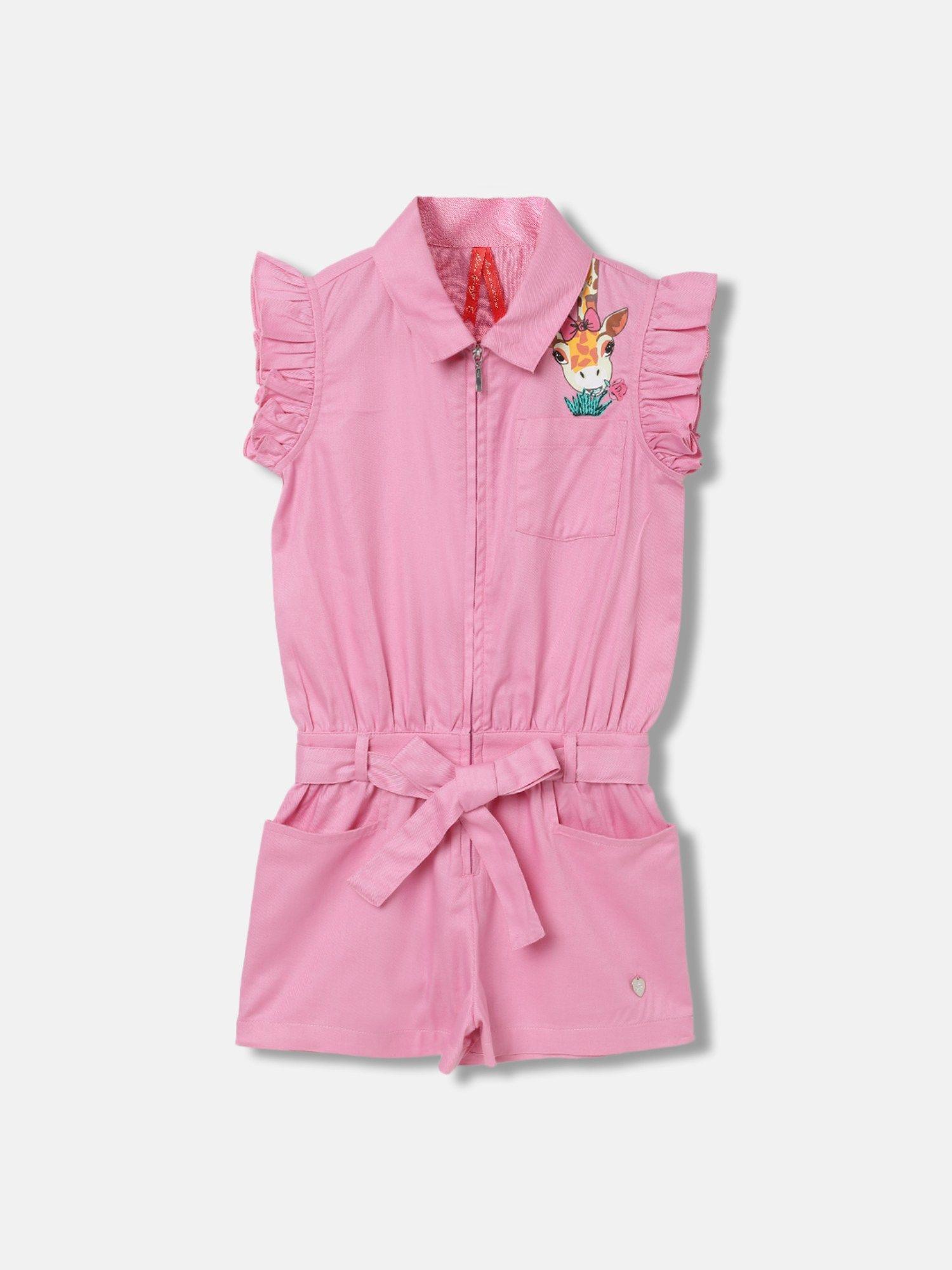 girls pink solid shirt collar short sleeves jumpsuit (set of 2)