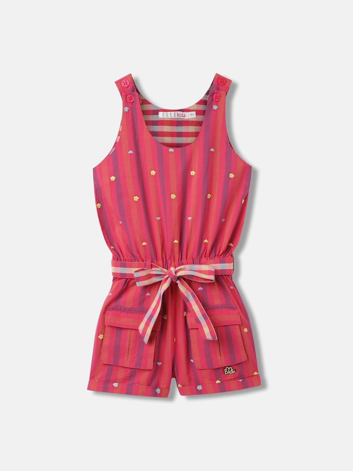 girls pink striped round neck sleeveless playsuit (set of 2)