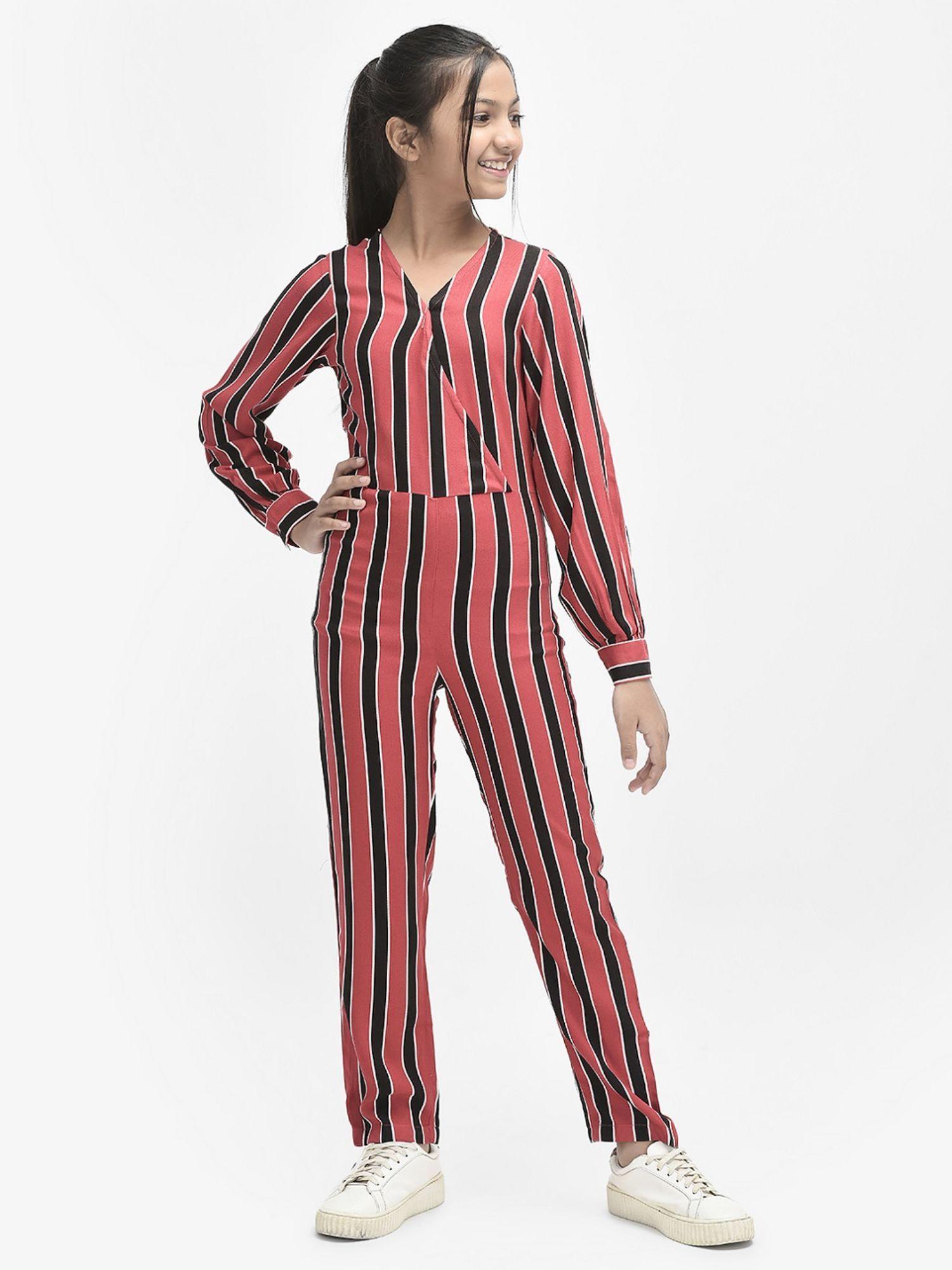 girls pink striped v-neck jumpsuit