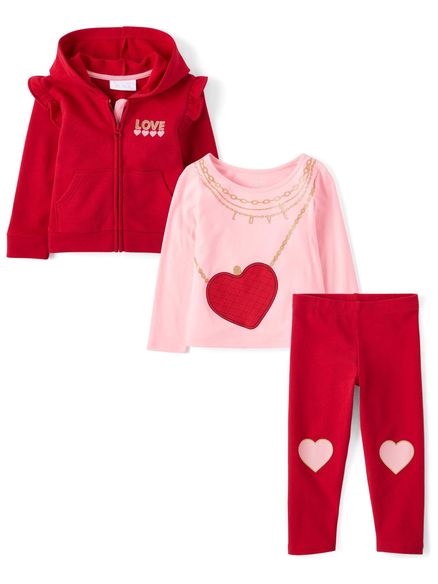 girls pink top with red leggings and hoodie (set of 3)