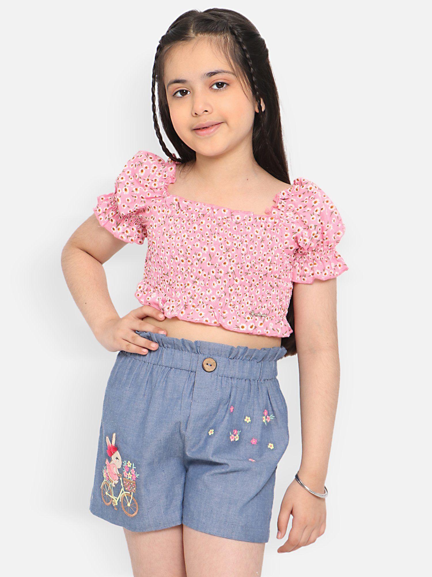 girls pink-white floral printed crop top with puff sleeves