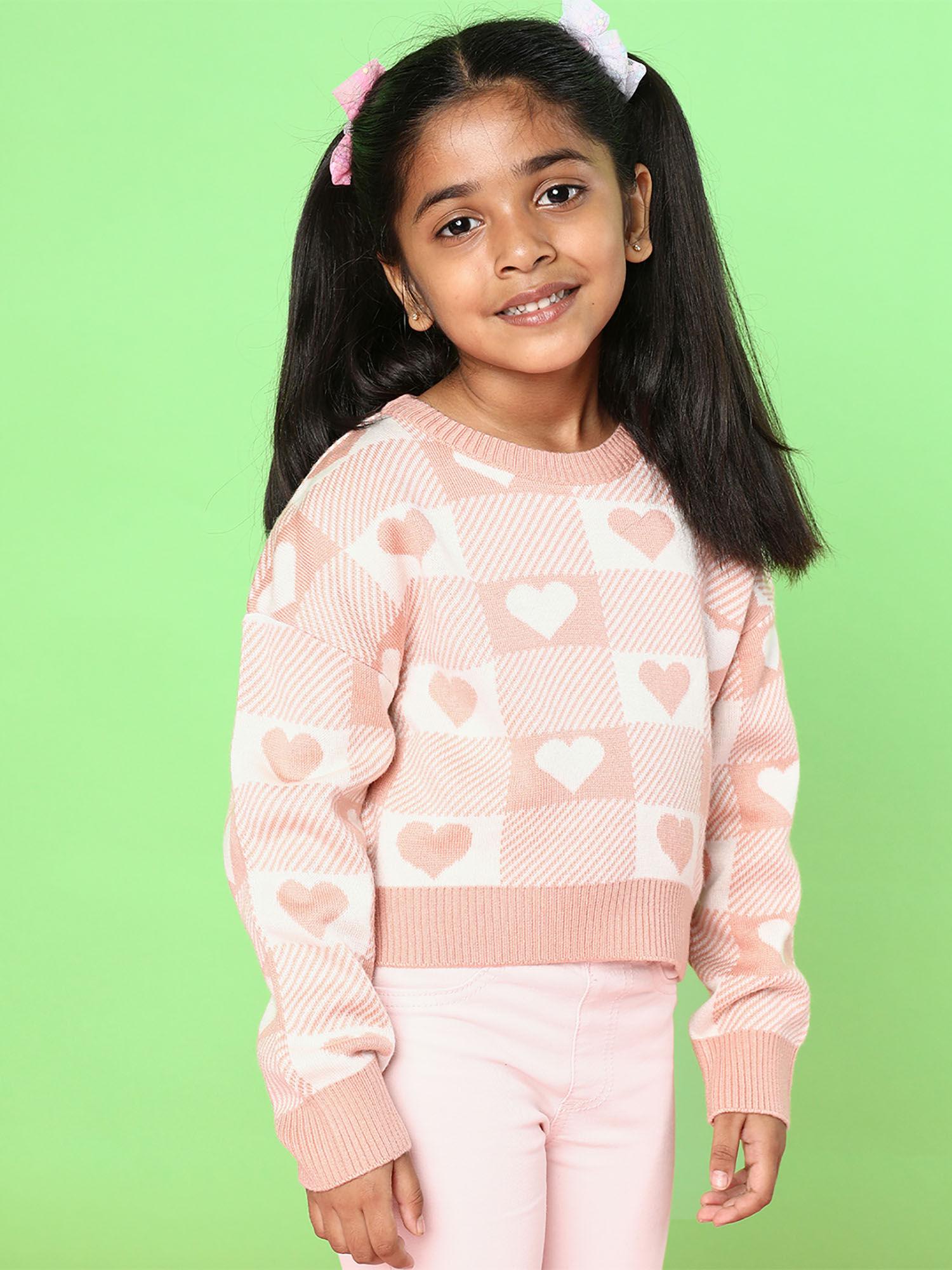 girls pink-white heart all-over jacquard acrylic pullover sweater