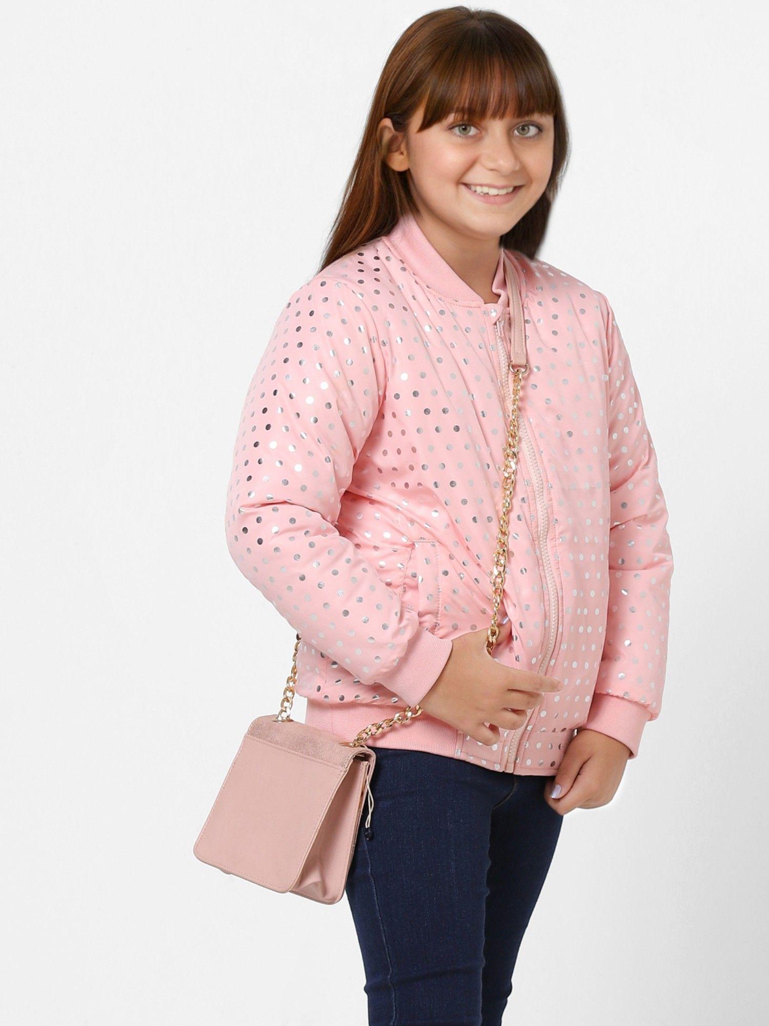 girls polka printed casual pink jacket