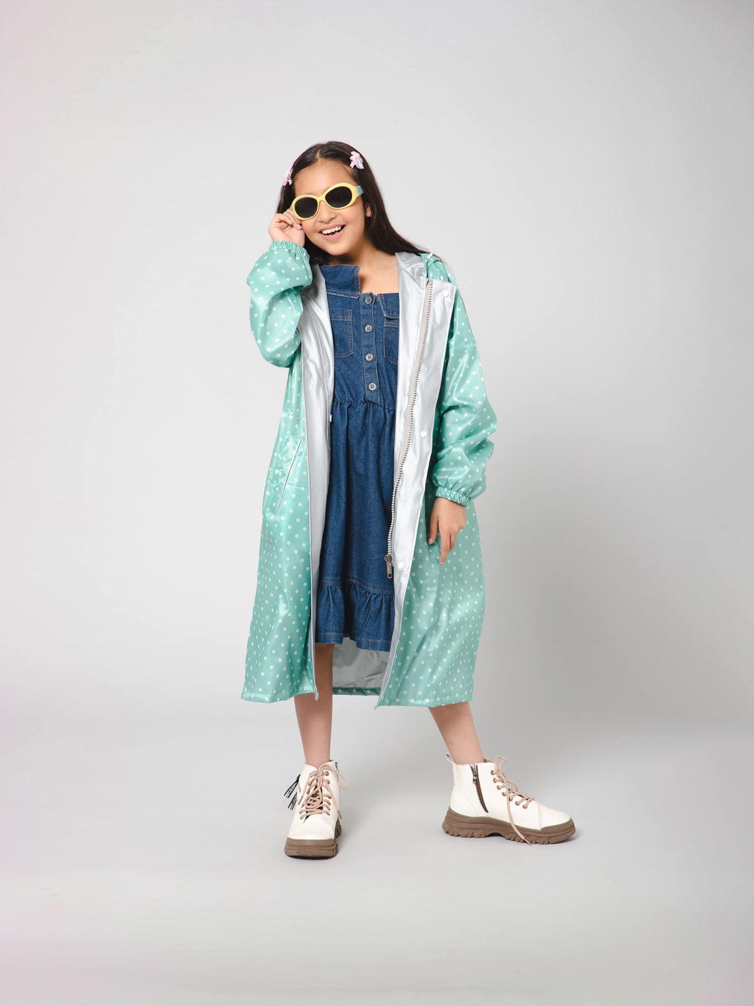 girls polyester long coat -green