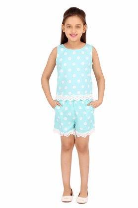 girls polyester polka dotted aqua clothing set - aqua
