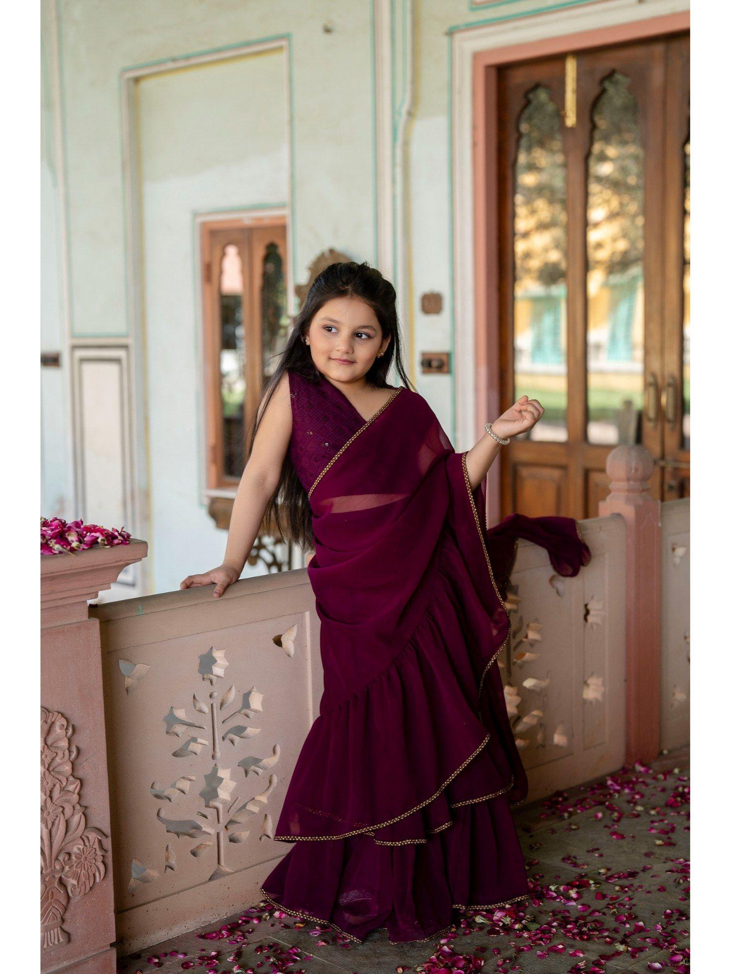 girls pre draped maroon ready to wear saree with stitched blouse