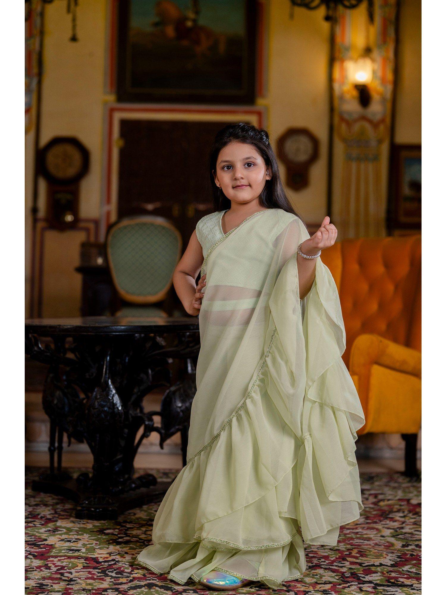 girls pre draped ready to wear saree with schiffli stitched blouse