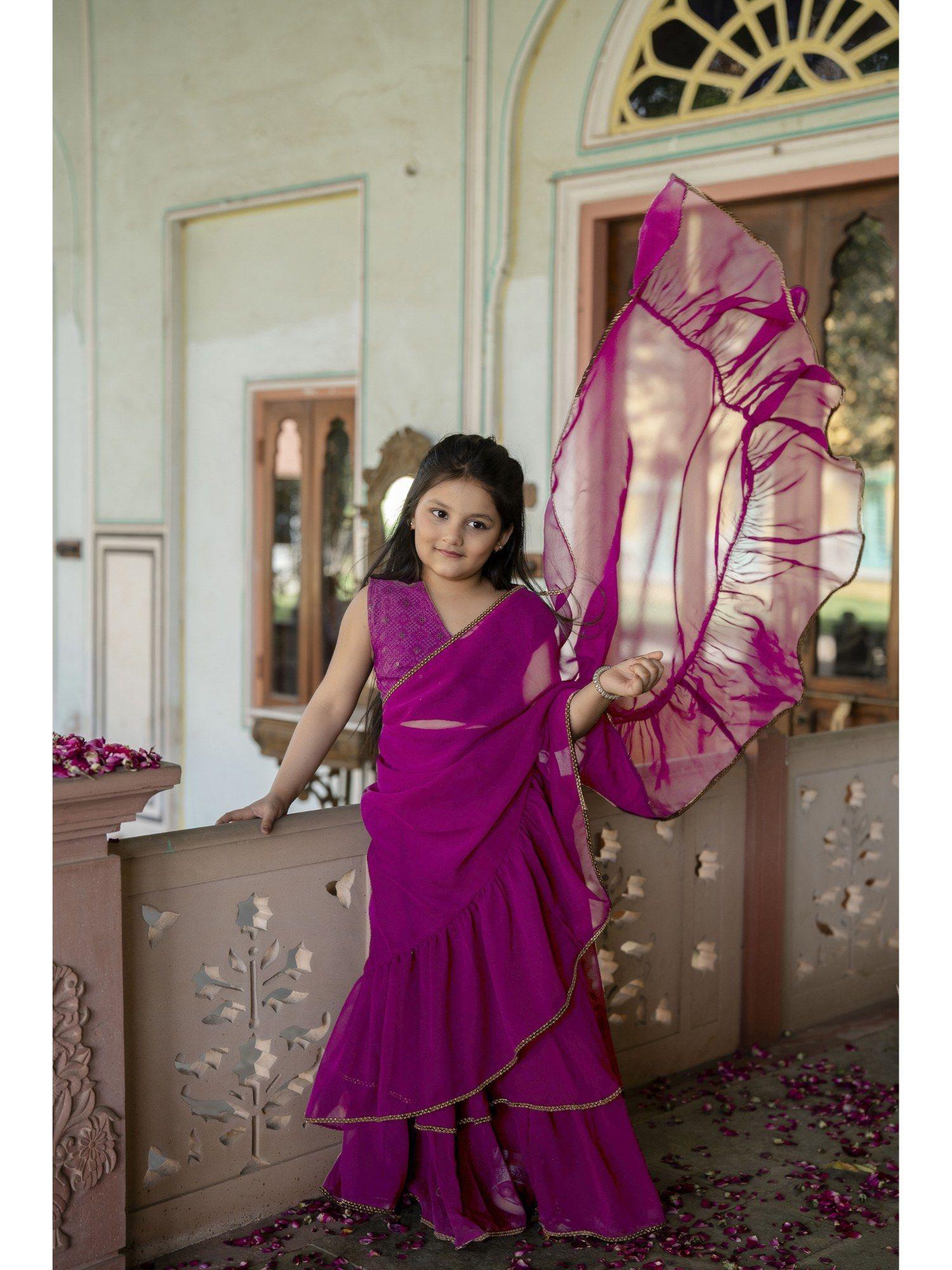 girls pre draped ready to wear saree with stitched blouse