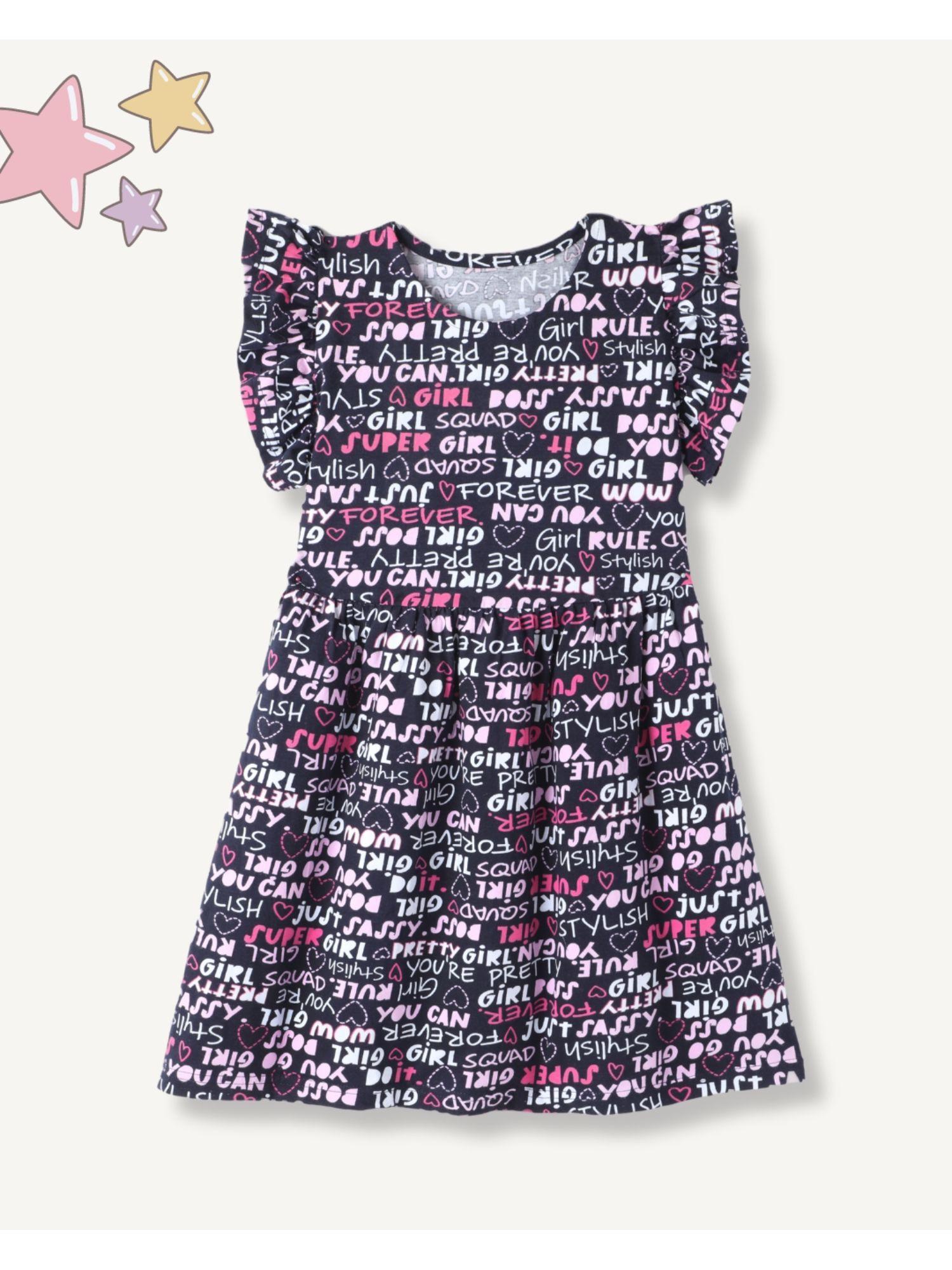 girls premium half flutter sleeves typographic printed dress