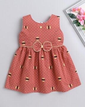 girls printed a-line dress with bow accent