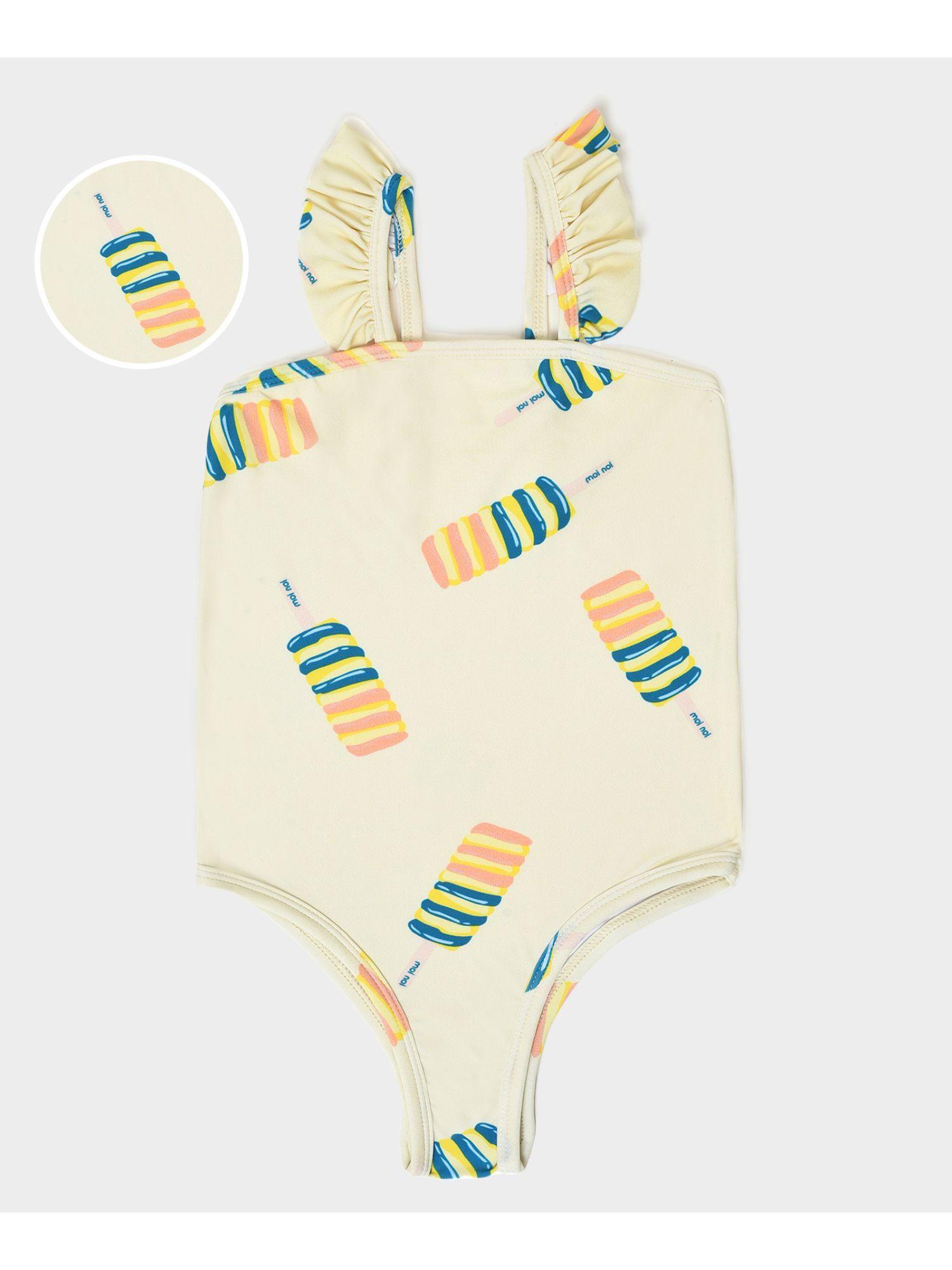 girls printed beige swimsuit