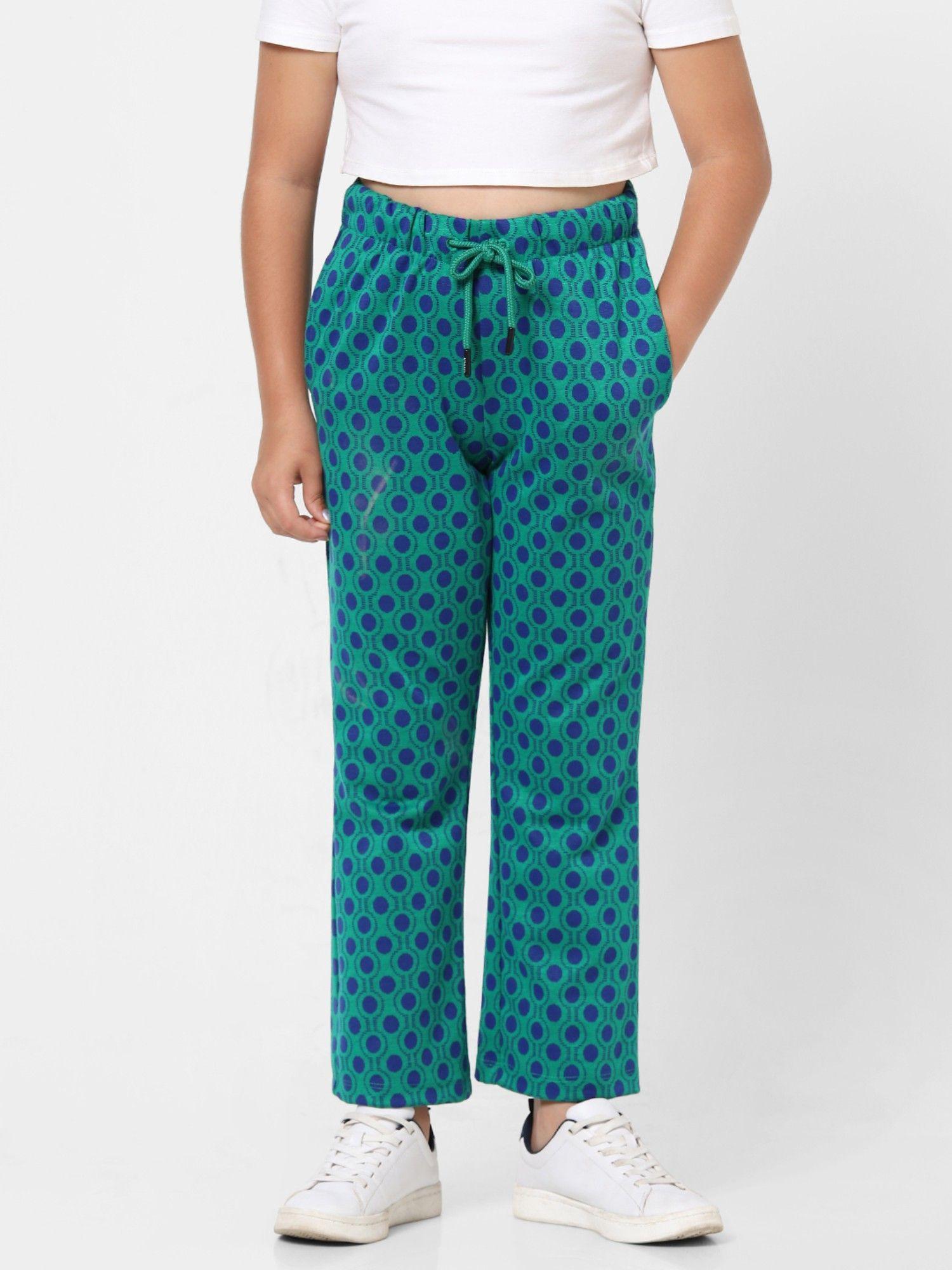 girls printed casual green trackpant