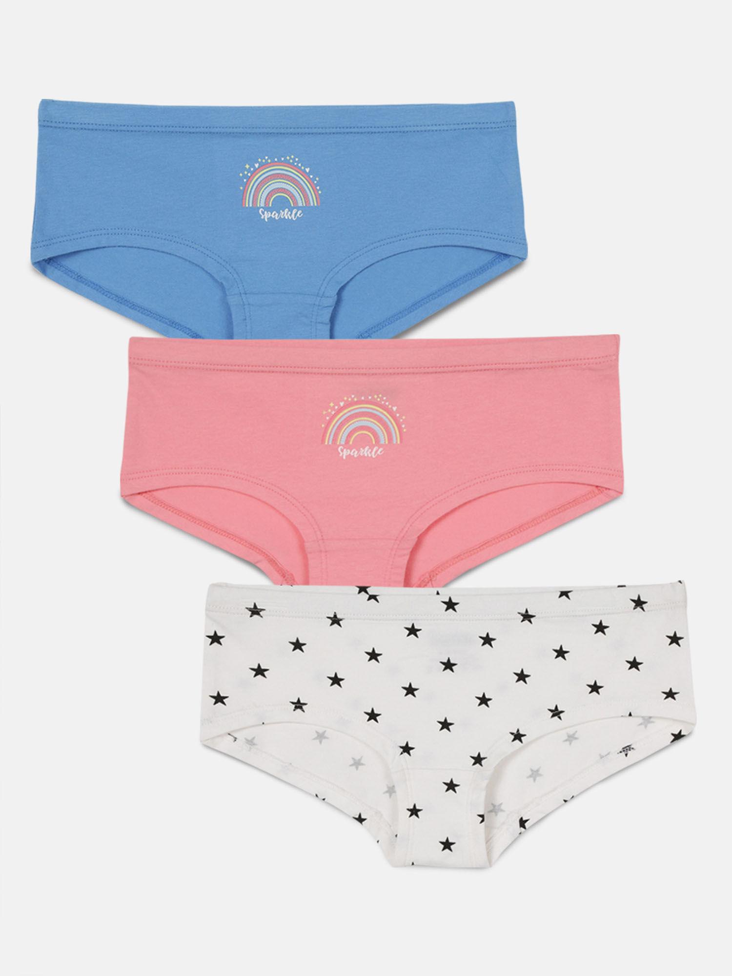 girls printed cotton brief blue, pink and white (pack of 3)
