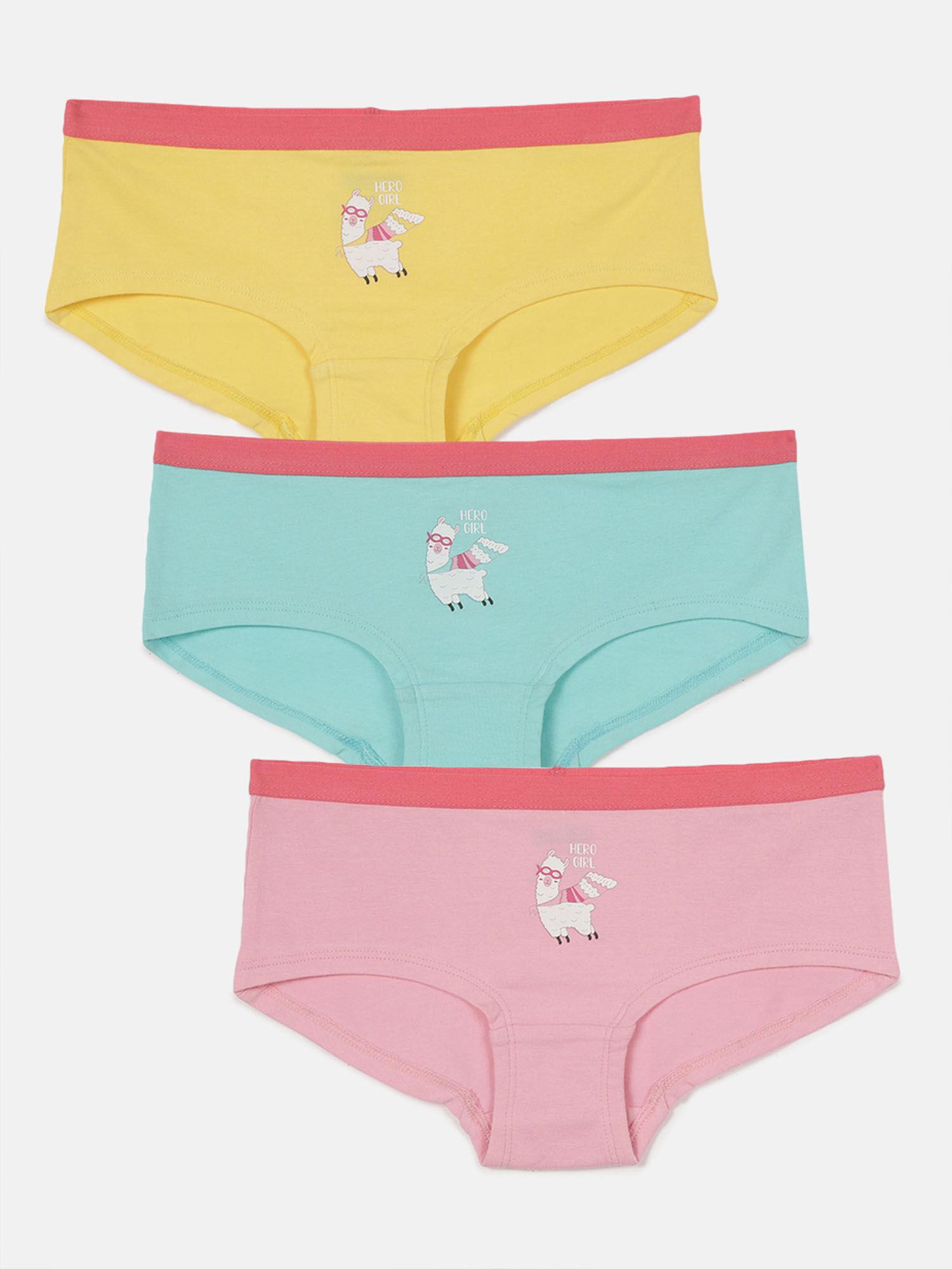 girls printed cotton brief yellow, blue and pink (pack of 3)