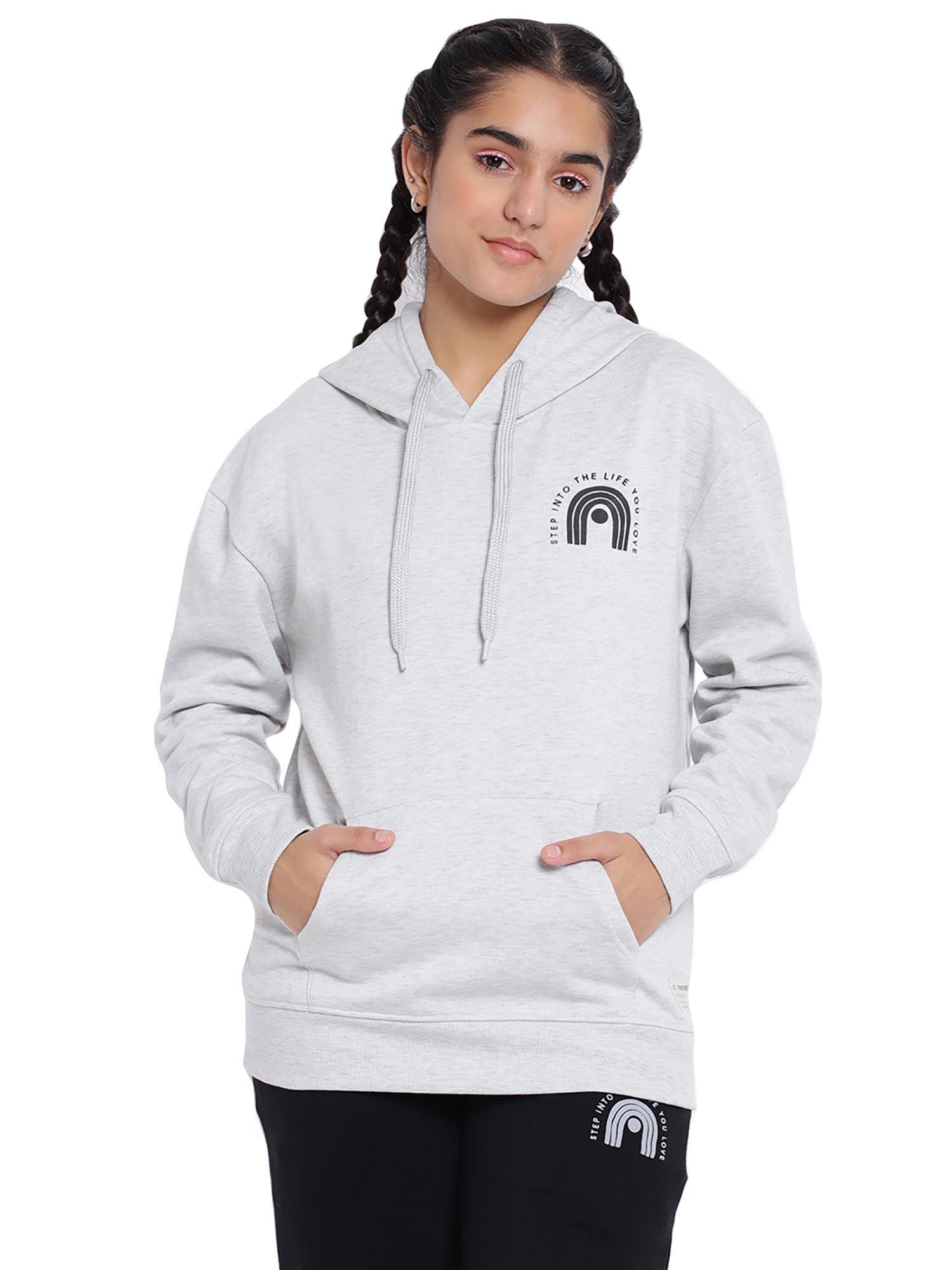 girls printed cotton fleece hoodies ecru