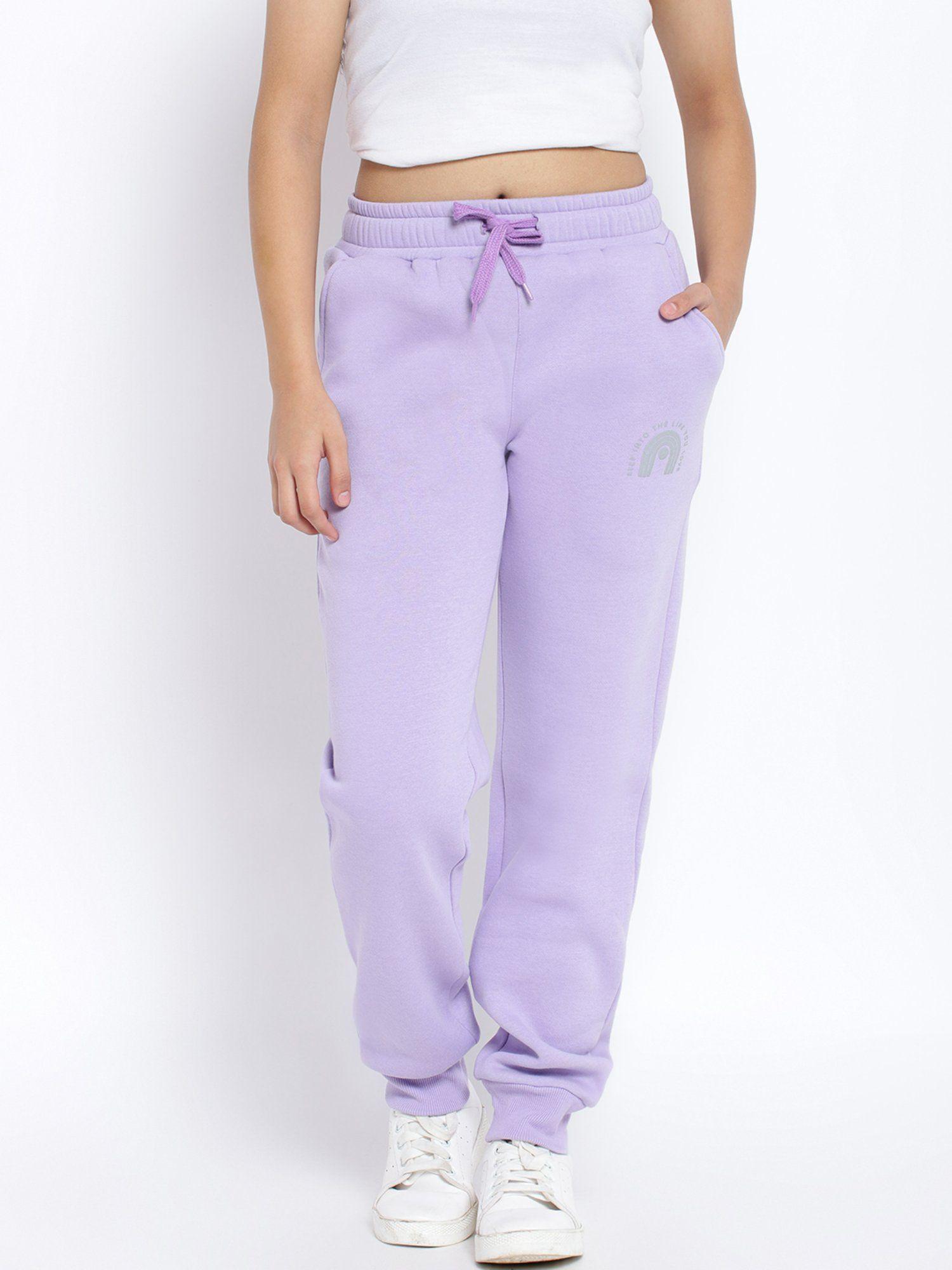 girls printed cotton fleece trackpant purple