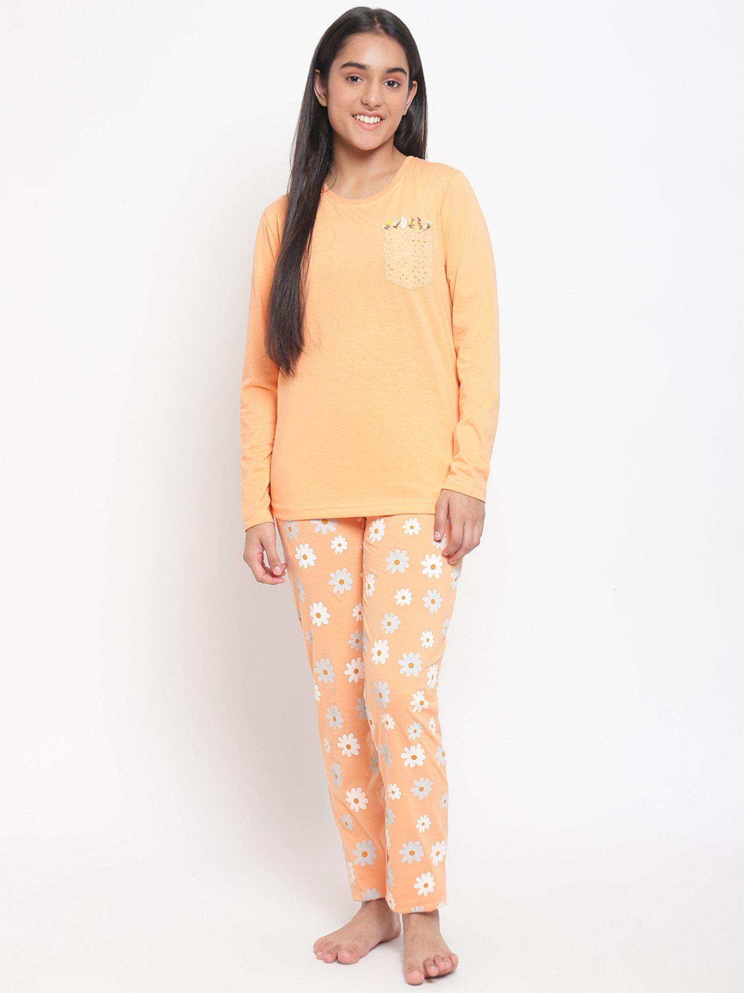 girls printed cotton night suits orange (set of 2)