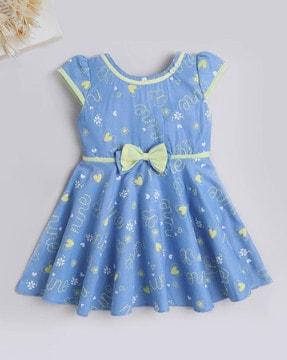 girls printed fit & flare dress with bow accent