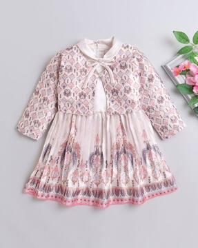 girls printed fit & flare dress with shrug