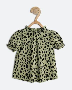 girls printed fitted top with puffed sleeves