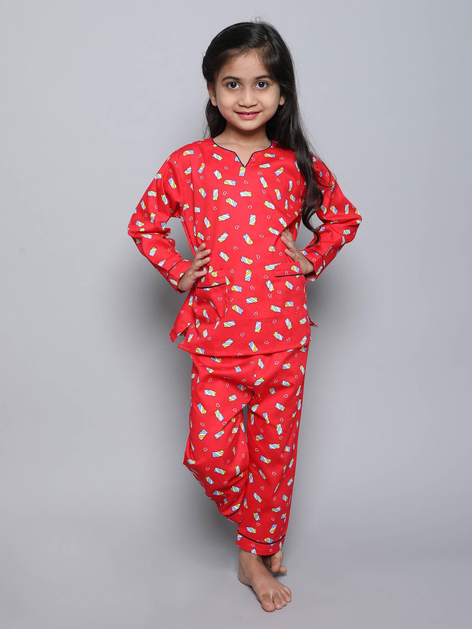 girls printed full sleeve top paired with matching pyjama - red (set of 2)