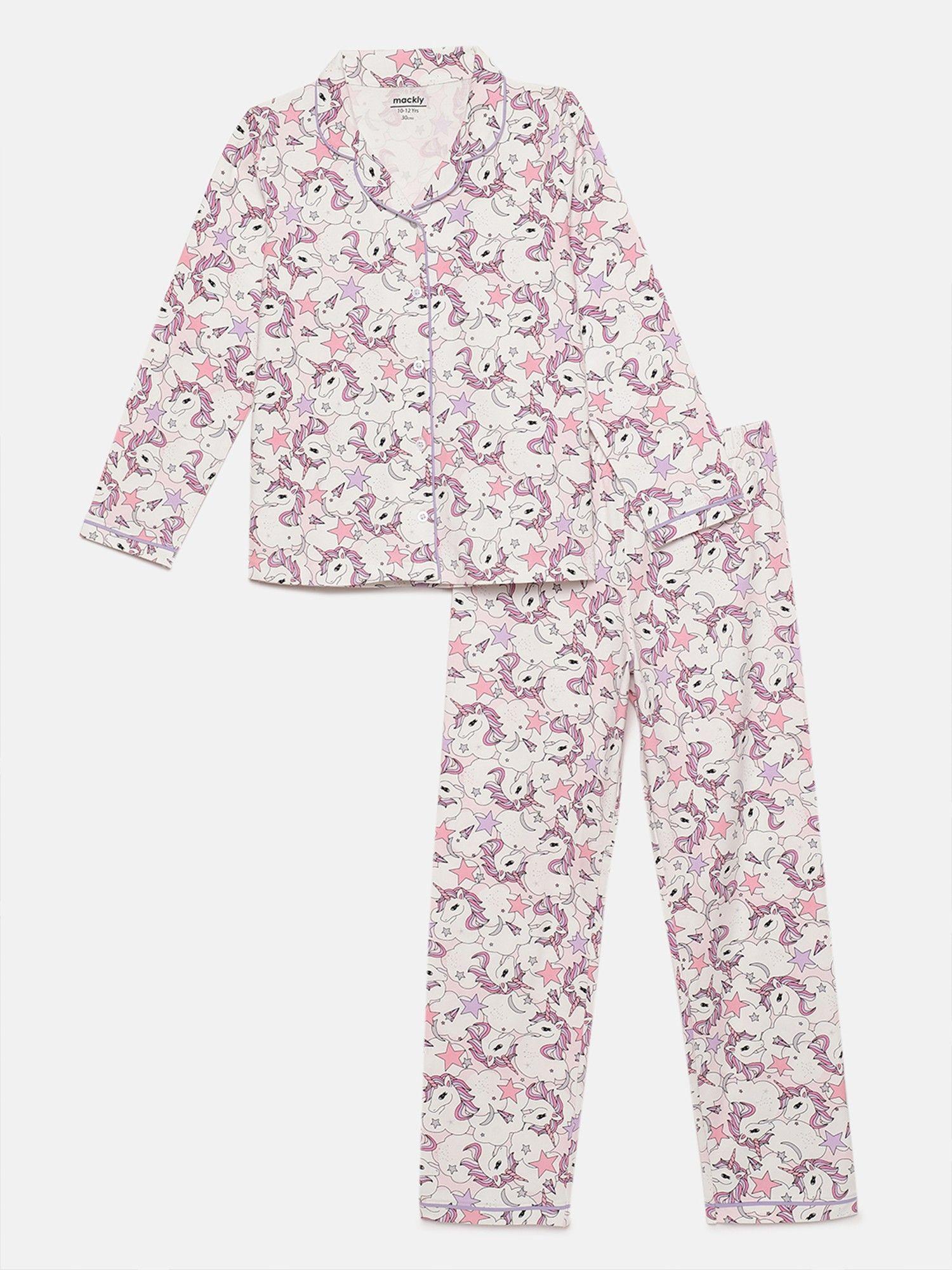 girls printed pyjama - white (set of 2)