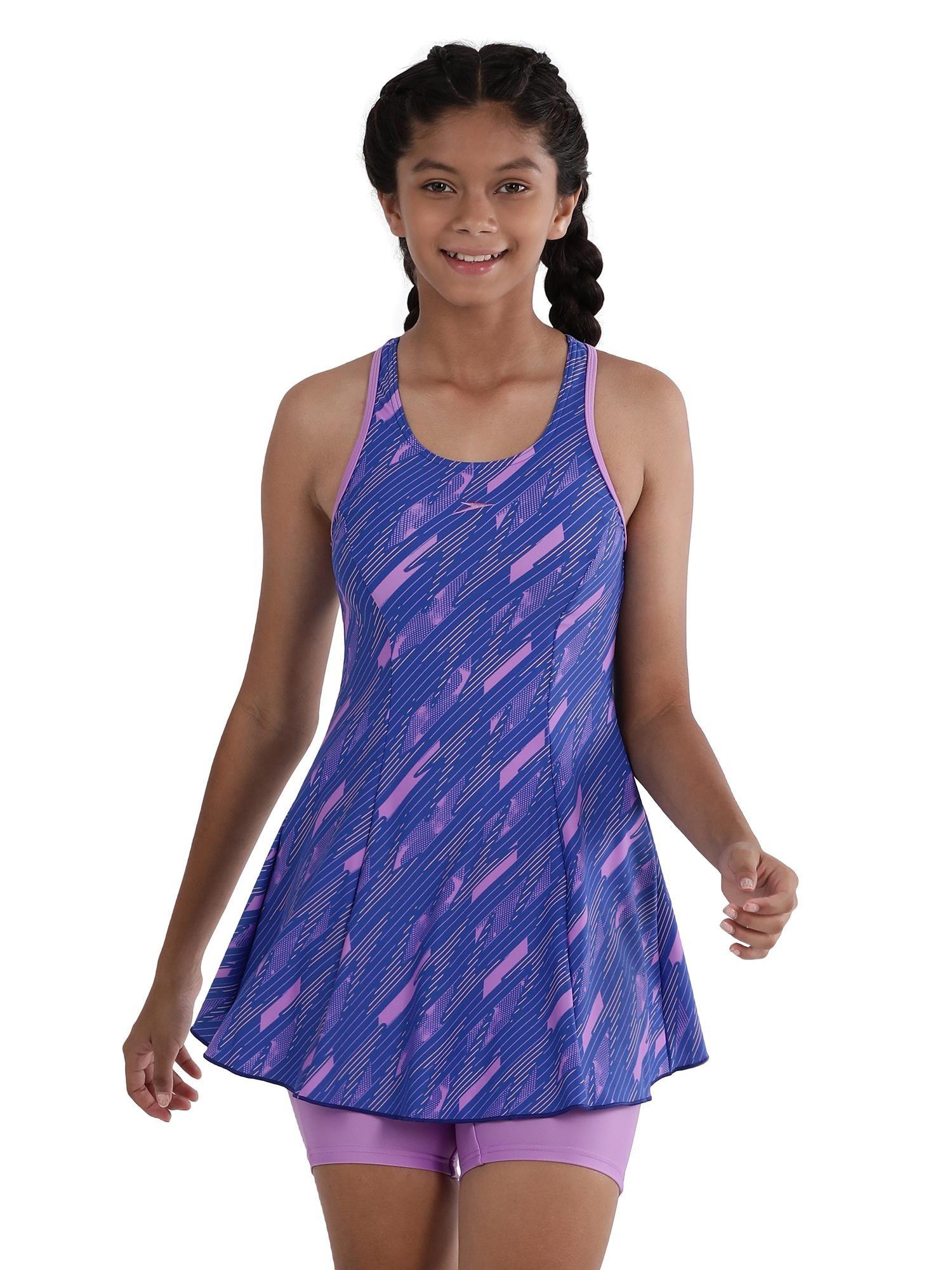 girls printed racerback swimdress with boyleg sweet blue cobalt