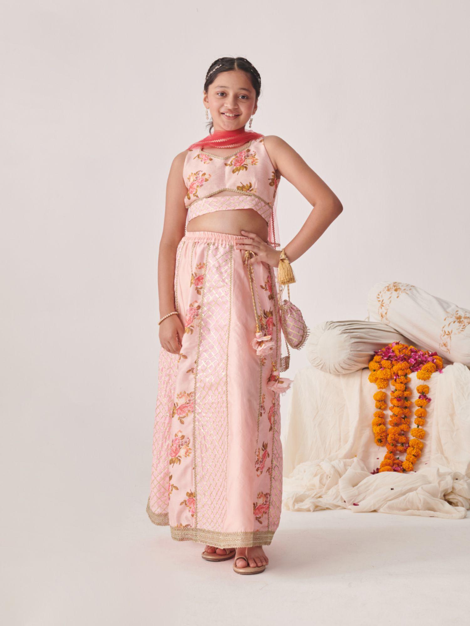 girls printed ready to wear lehenga & blouse with dupatta peach (set of 3)