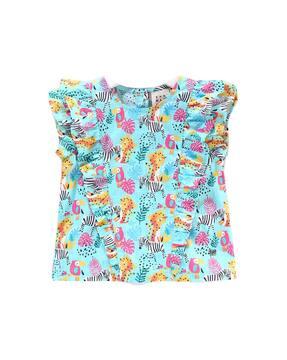 girls printed regular fit top with ruffle accent