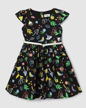 girls printed round-neck fit & flare dress