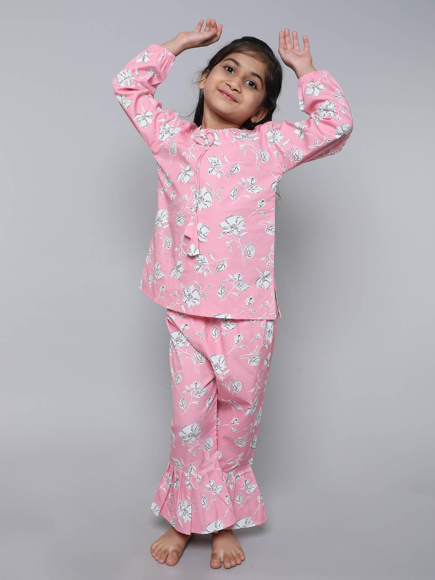 girls printed ruffled neck top and pyjama co-ord - pink (set of 2)
