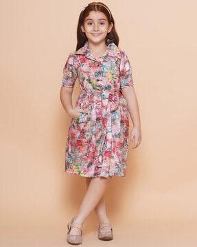 girls printed shirt dress with insert pocket